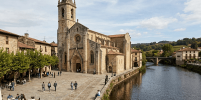 Historic stone church with tall bell tower next to a river and open plaza with people walking